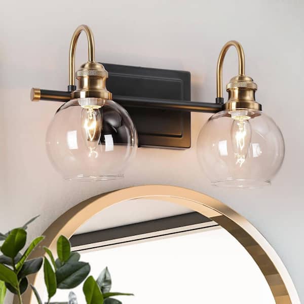 14.5 in. 2-Light Brass Gold Bathroom Vanity Light, Globe Clear Glass Bath Lighting, Black Modern Wall Sconce