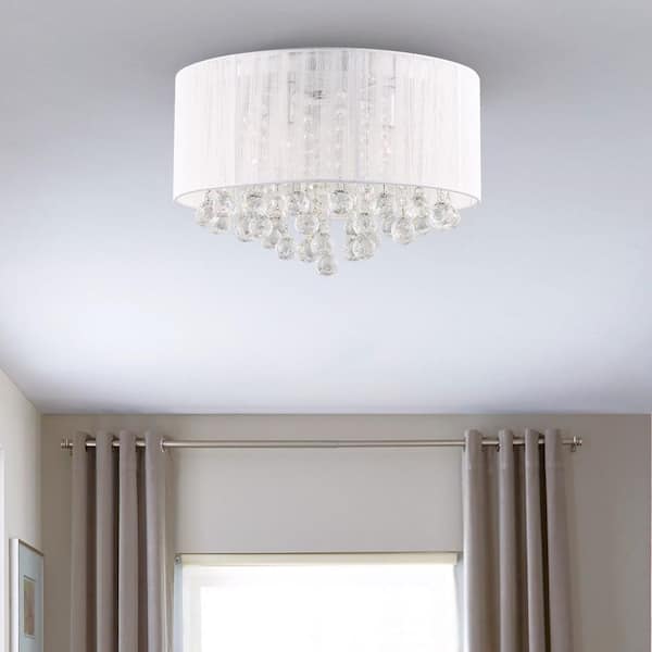 16 in. 4-Lights Chrome Crystal Chandelier Flush Mount Fixture with White Coiled Shade