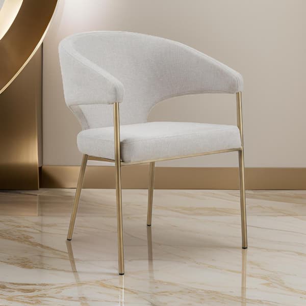 Benjara Off White and Brass Fabric Metal Frame Dining Chair