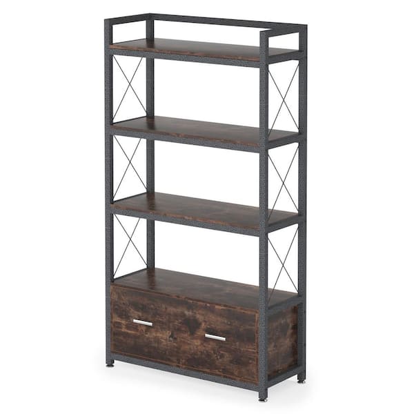 Tribesigns Earlimart 62 in. Brown Wood and Metal 3-Shelf Standard Bookcase with Filing-Drawers