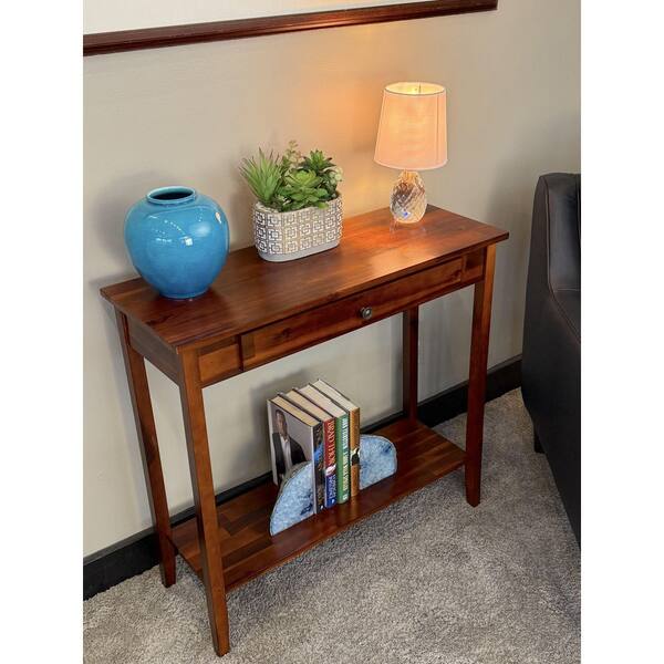 32 in. L Mahogany 30 in. H Rectangle Acacia Wood Console Table with Drawer and Lower Shelf