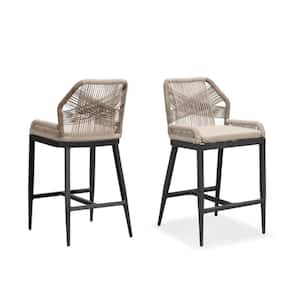 Modern Aluminum Twill Wicker Woven Counter Height Outdoor Bar Stool with Back and Dark Gray Cushion (2-Pack)