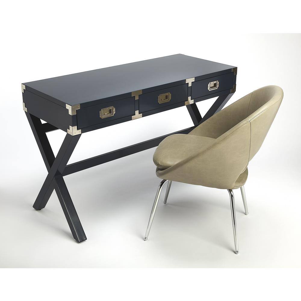 Blue Campaign Style Wood Writing Desk with Drawers