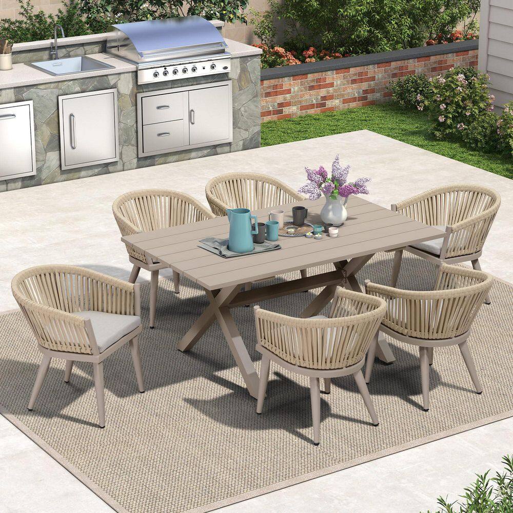 7 Piece Aluminum All-Weather PE Rattan Rectangular Outdoor Dining Set with Cushion, Champagne price history on PriceWatchPro