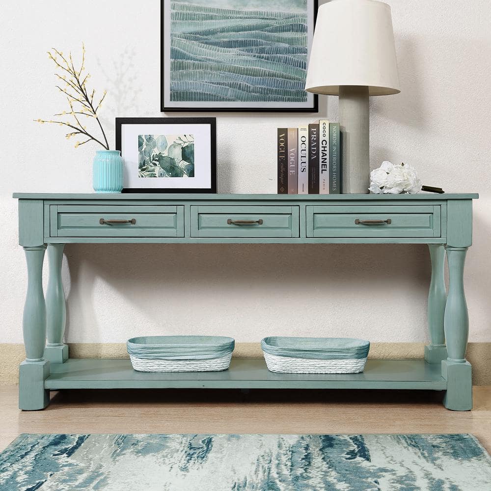 63.4 in. W x 14.6 in. D x 30 in. H Green Linen Cabinet with 3-Drawer Consol