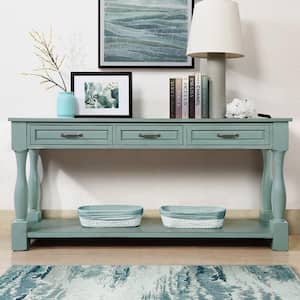 63.4 in. W x 14.6 in. D x 30 in. H Green Linen Cabinet with 3-Drawer Console Table, Shelf and Pine Legs