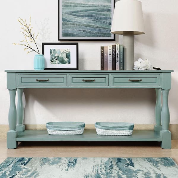 Unbranded 63.4 in. W x 14.6 in. D x 30 in. H Green Linen Cabinet with 3-Drawer Console Table, Shelf and Pine Legs