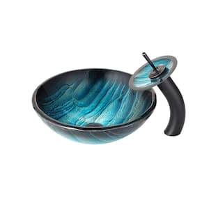 Ladon Glass Vessel Sink in Blue with Waterfall Faucet in Oil Rubbed Bronze