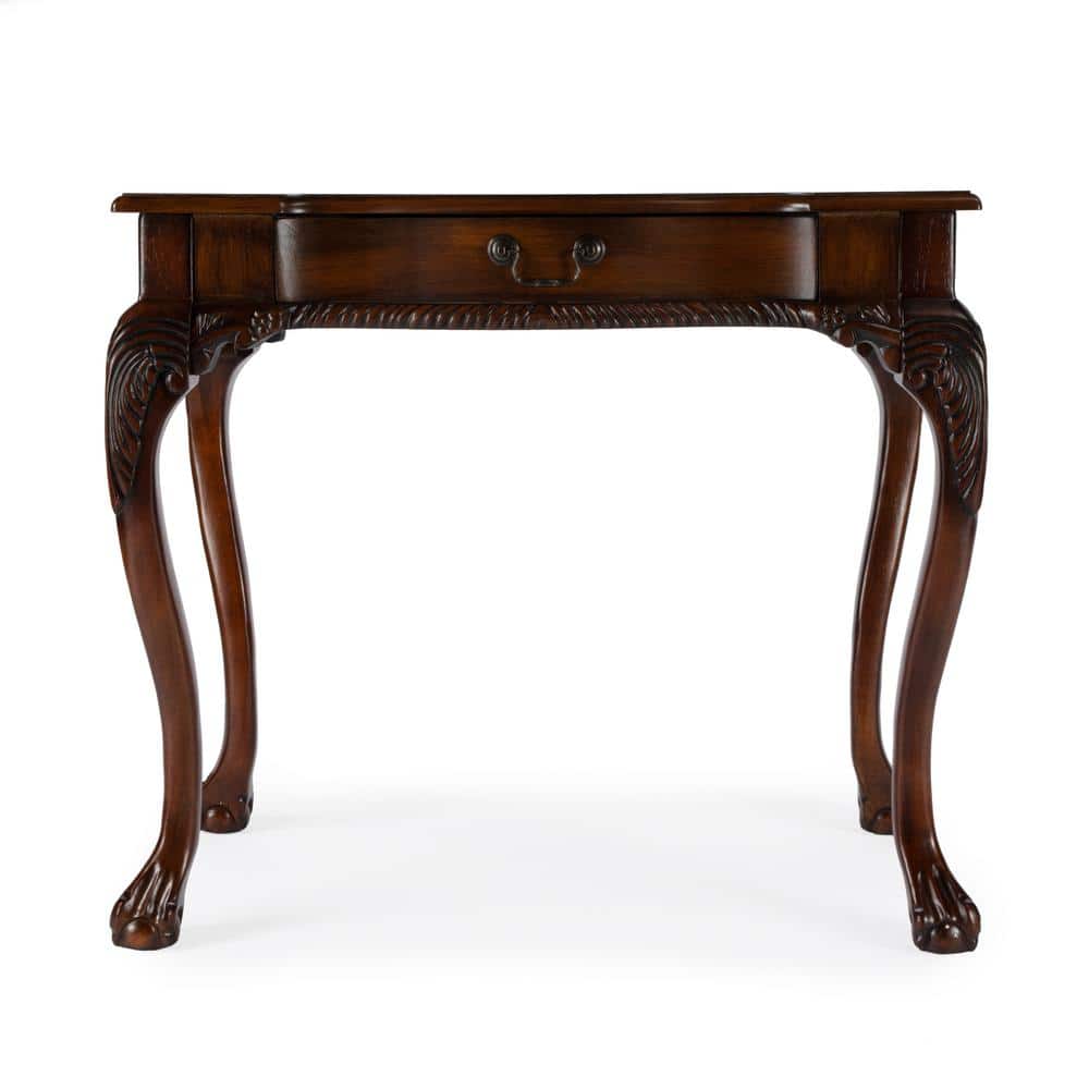 Cherry Brown Wood Writing Desk with Drawer and Carved Details