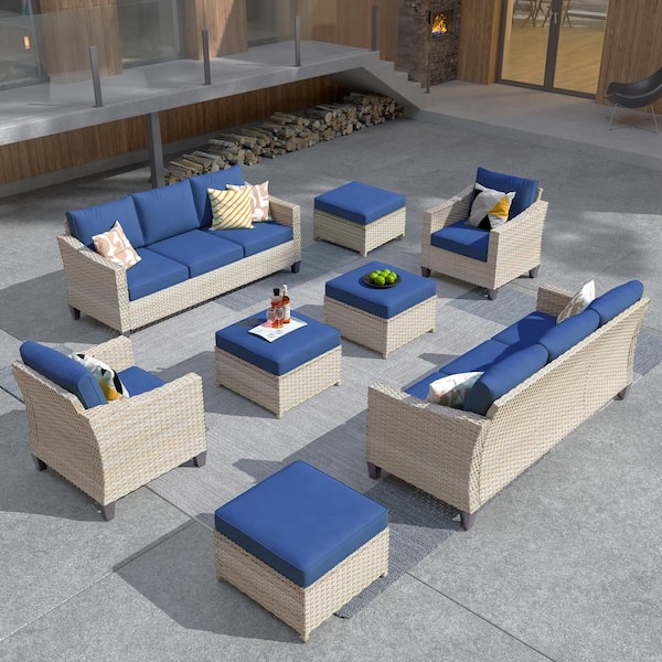 HOOOWOOO Oconee Beige 8-Piece Beautiful Outdoor Patio Conversation Sofa Seating Set with Navy Blue Cushions