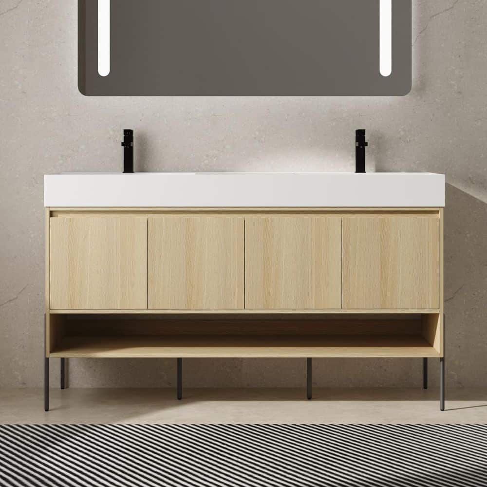 60 in. Double Sink Freestanding Oak Bath Vanity with White Resin Top, Storage Cabinet Set 4 Door price history on PriceWatchPro