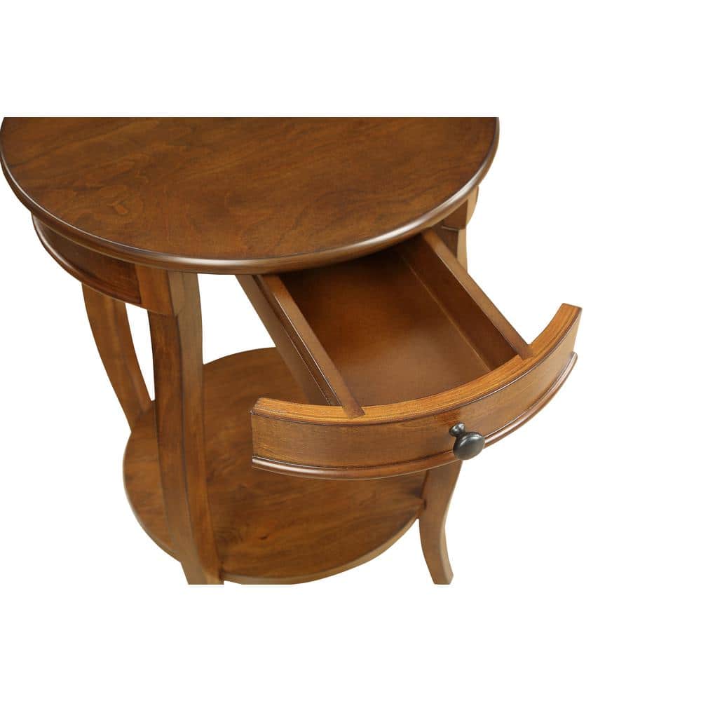 Walnut Round Wood End Table with Storage Drawer