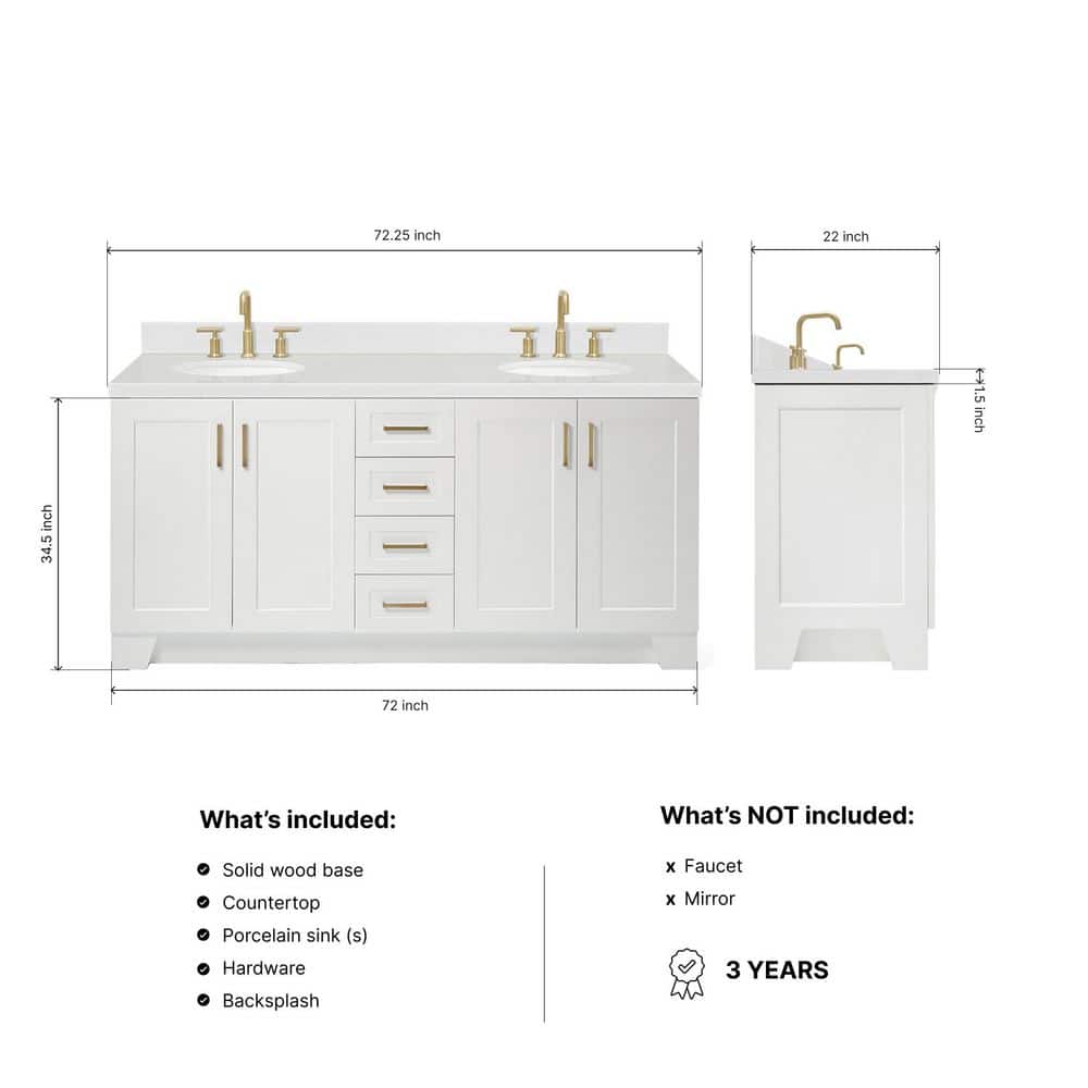 Taylor 72" White Freestanding Double Basin Vanity with Gold Hardware