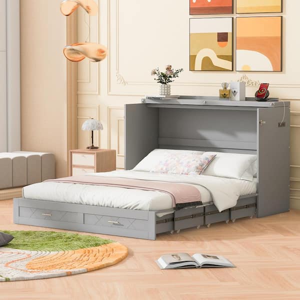Harper & Bright Designs Gray Wood Frame Full Size Pulley Structure Murphy Bed with Sockets, USB Ports and Drawer