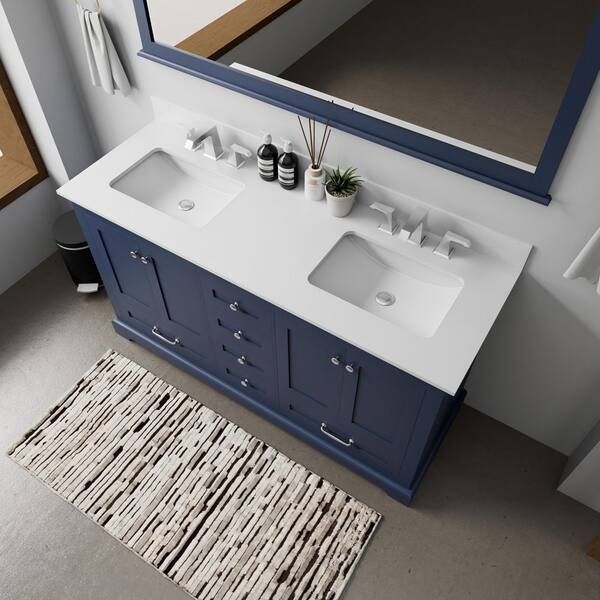 Dukes 60 in. W x 22 in. D Navy Blue Double Bath Vanity, White Quartz Top, and 58 in. Mirror