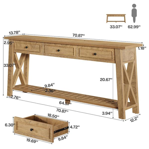 Turrella Farmhouse 70.87 in. Light Oack Rectangle Wood Console Table with Storage Drawers and Shelves, Wooden Frame