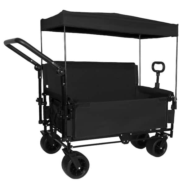 3-in-1 Black Outdoor Collapsible Wagon with Bench Seat and Removable Canopy, Folding Wagon Cart