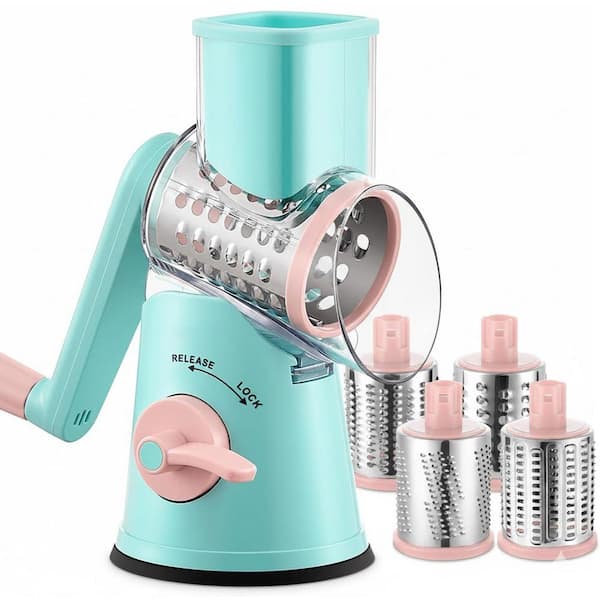Blue-Green Rotary Cheese Grater with Handle, 5 Stainless Steel Blades for Cheese Vegetables Nuts Ice Shredding Slicing