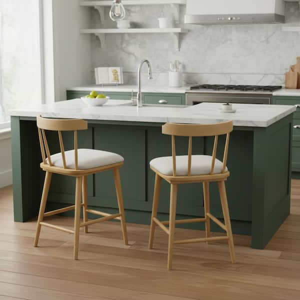 Windsor Style 38 in. H Natural Finish Solid Wood Counter Bar Stools with Beige Fabric Seat (Set of 2)