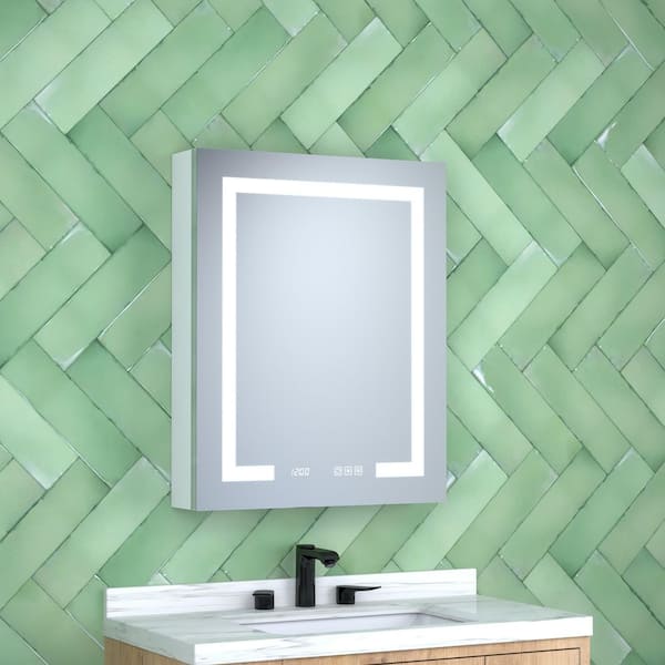 24 in. W x 30 in. H Rectangular Silver Aluminum Recessed/Surface Mount Left Medicine Cabinet with Mirror, LED and Clock