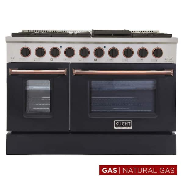 Custom KNG 48 in. 6.7 cu. ft. Natural Gas Range Double Oven with Convection in Black with Black Knobs and Rose Handle
