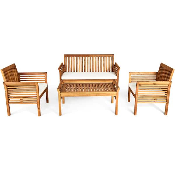 HONEY JOY 4-Piece Acacia Wood Sofa Set Patio Conversation Table Chairs with Beige Cushions