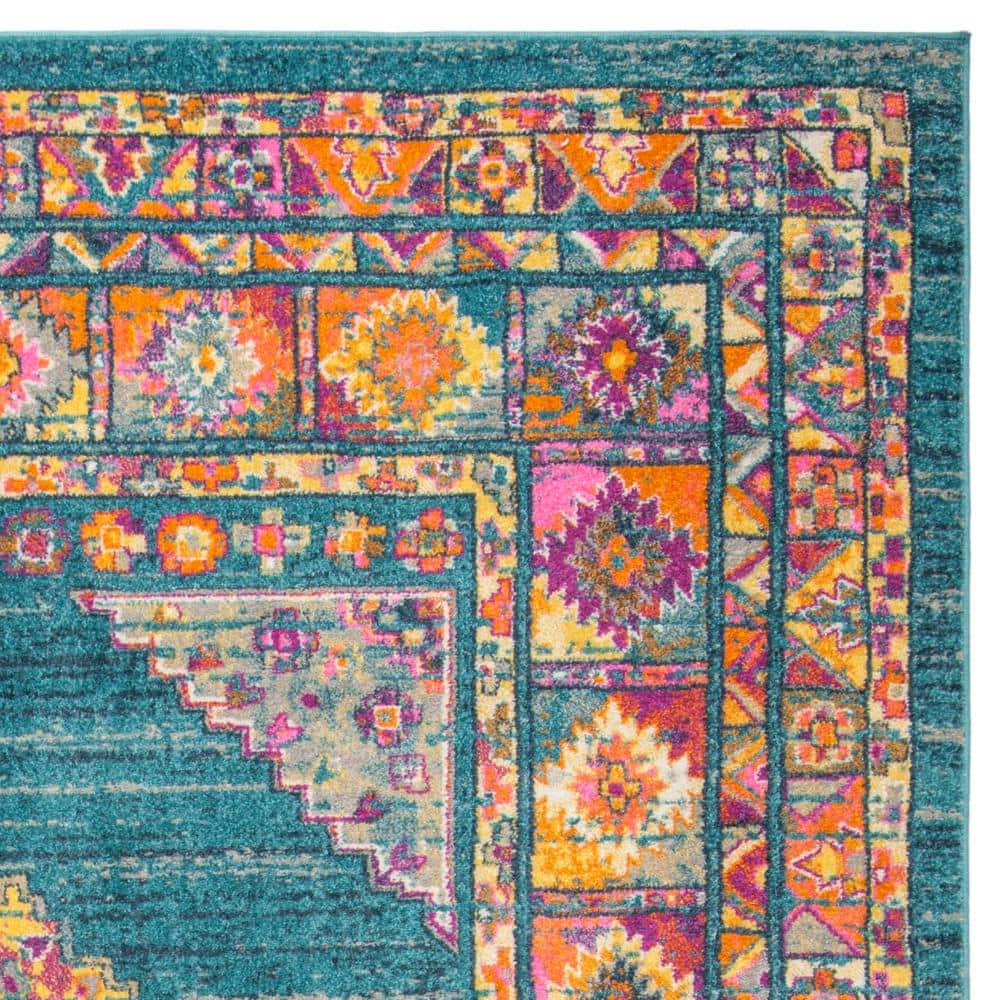 Light Blue and Orange Bohemian Synthetic Area Rug, 8' x 10'