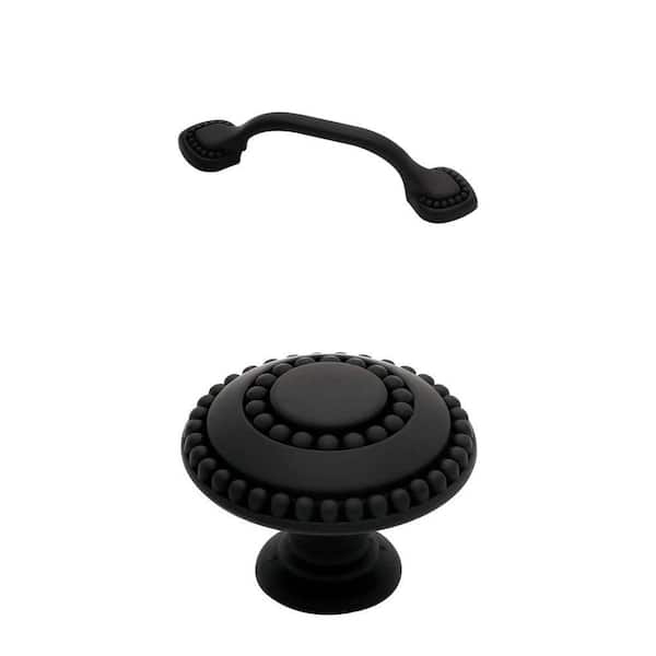 Double Beaded 3 in. Matte Black Cabinet Drawer Pull and 1-3/8 in. Round Knob Combo