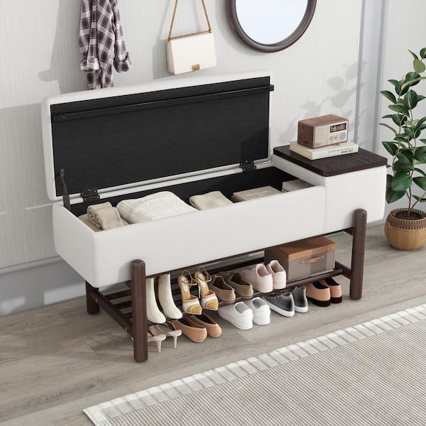 47.2 in. Espresso Farmhouse Beige Upholstered Entryway Storage Bench with Lift Top Hidden Compartment, Slatted Shoe Rack