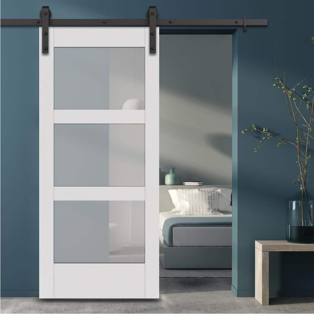 White Frosted Glass Paneled MDF Barn Door, 37'' x 84''