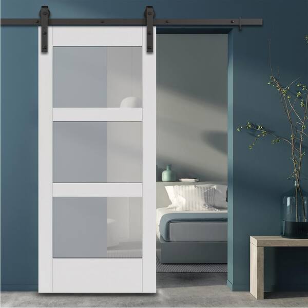 37 in. x 84 in. 3-Lite Full Frosted Glass White Vinyl Finish MDF Sliding Barn Door Slab
