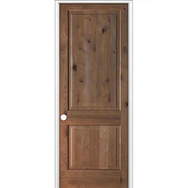 36 in. x 96 in Rustic Knotty Alder 2 Panel Square Top Right-Hand Single BEHR True Black Stain Wood Prehung Interior Door