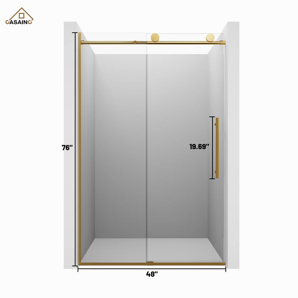 Brushed Gold Frameless Sliding Shower Door with Clear Tempered Glass, 48" x 76"