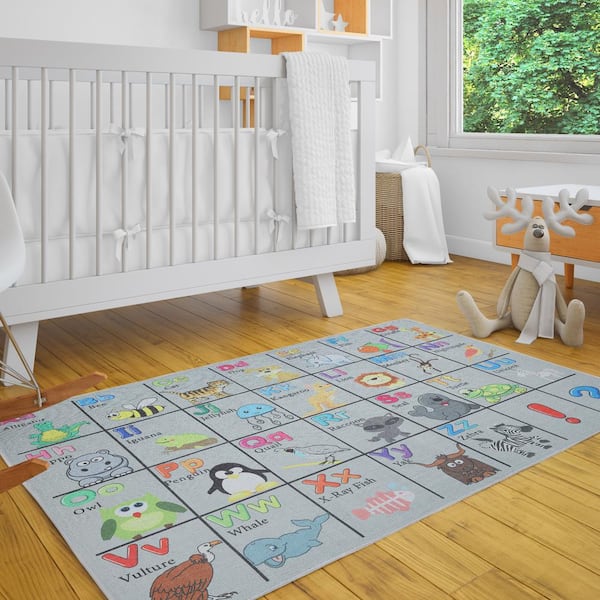 Cotton Washable ABC Educational Area Rug for Kids Room 39.5 in. x 59 in. ABC- Grey