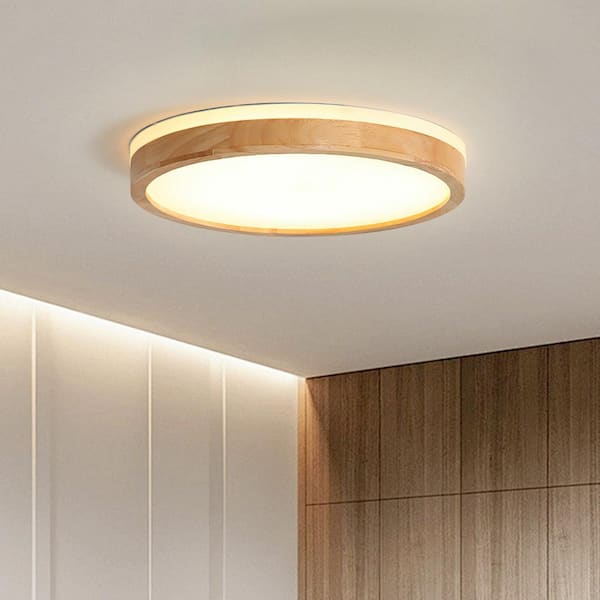 HUOKU Lumin 15.7 in. 1-Light Wood and White Finish Dimmable Integrated LED Flush Mount for Bedroom Kitchen Living Room Foyer