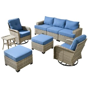 Scorpio 8-Piece Wicker Patio Conversation Seating Sofa Set with Blue Cushions and Swivel Rocking Chairs