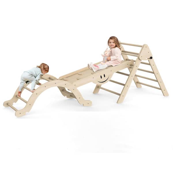 SEEUTEK 8-in-1 Wood Color Triangle Set with Seesaw Design Foldable Toddler Climbing Toys Playground with Ramp, Wooden Jungle Gym