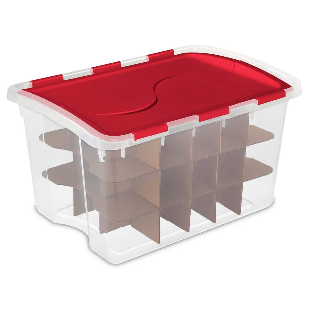 Sterilite Ornament Storage Box w/ 20 Adjustable Compartments, Red & Clear -  New