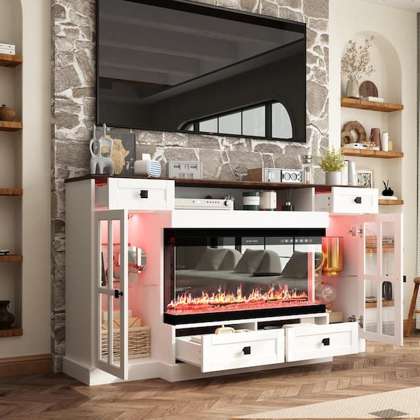 55.3 in. W Freestanding Electric Fireplace TV Stand Media Console in White with Remote Control, Fits TV up to 80 in.