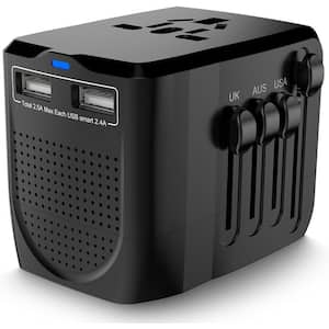 International Voltage Converter Travel Adapter Combo with 2 USB Ports All-in-one Power for 200 Countries in Black