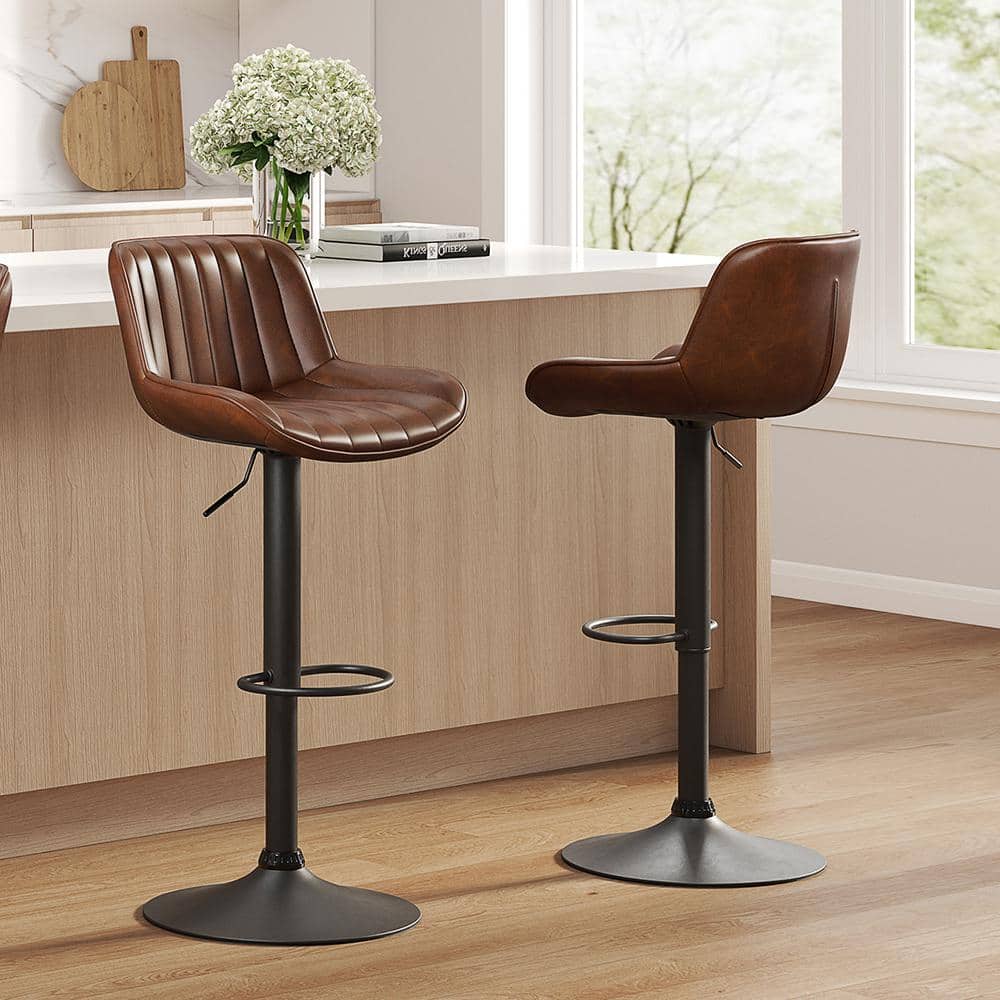 Cognac Elegance Adjustable Swivel Barstool Set in Faux Leather