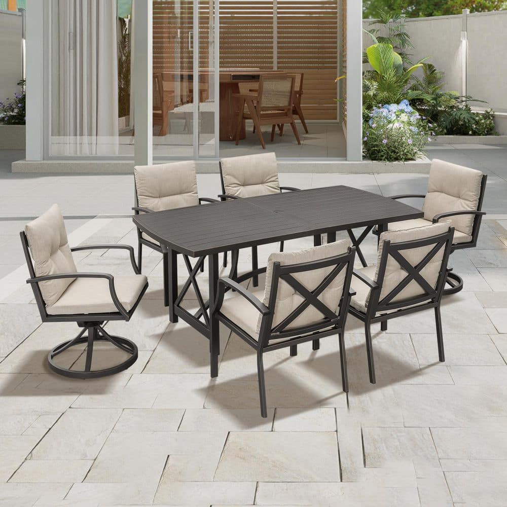 AluLux 7-Piece Dark Brown Aluminum Outdoor Dining Set with 2-Swivel Dining Chars, Rectangular Table and Beige Cushions