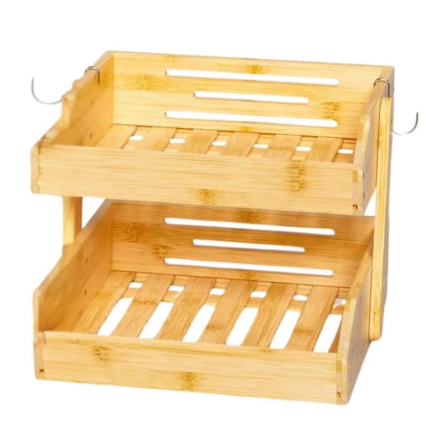 2-Tier Bamboo Fruit Bowl For Kitchen Counter with 2-Banana Hangers for Fruit and Vegetable Storage