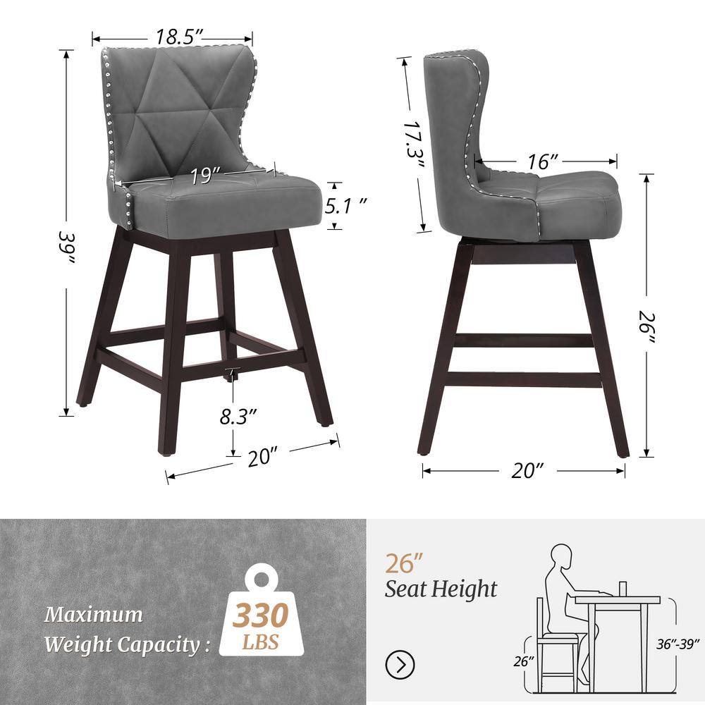 Dark Gray Faux Leather Swivel Counter Stools with Wood Legs, Set of 3