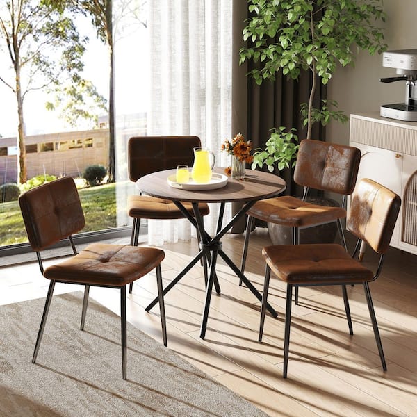 POMFONTANA 5-Piece Round Dining Table Set with 4 Vintage Camel Upholstered Chairs and Mocha Walnut Wood Top (Seats 4)
