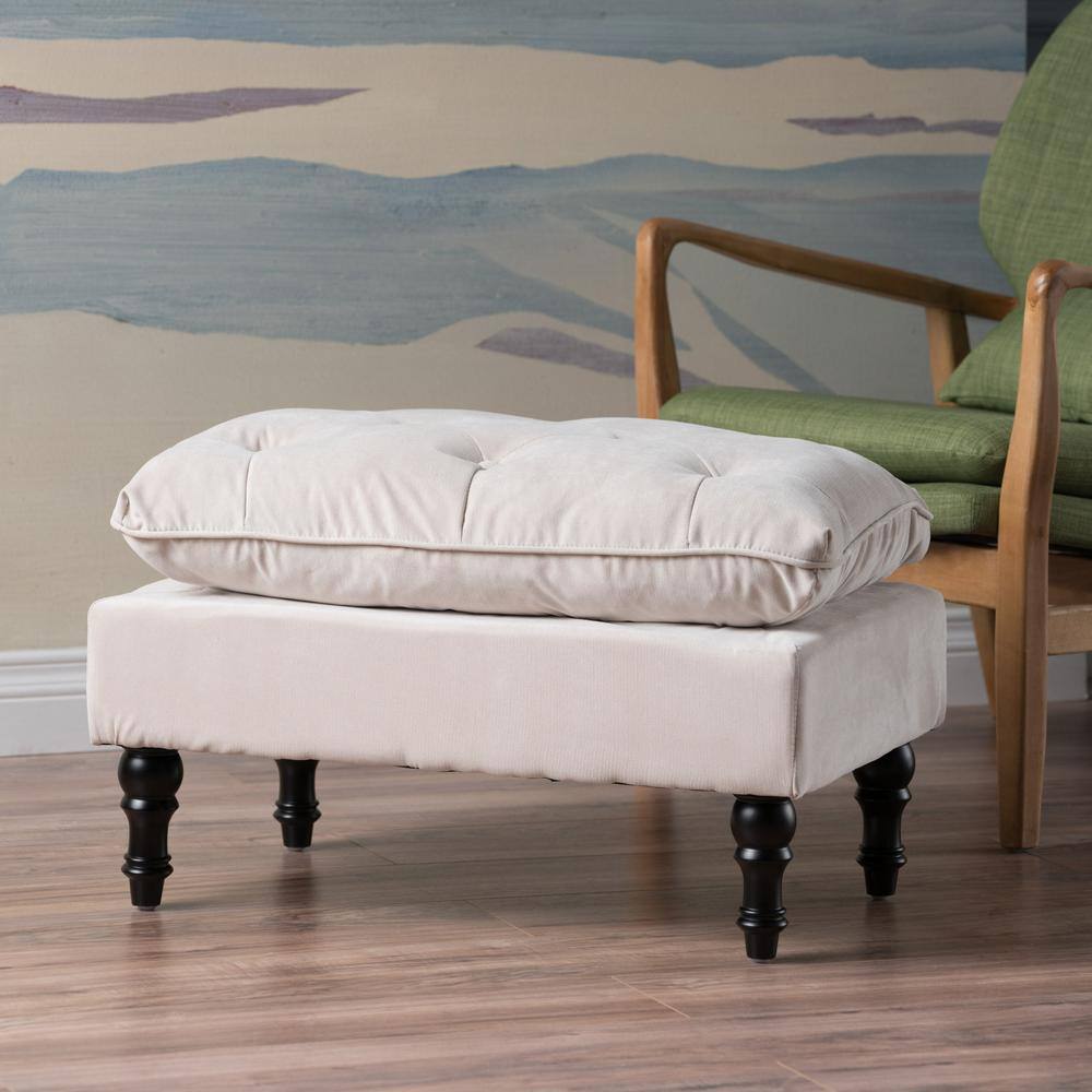 Cream Tufted Fabric and Wood Rectangular Ottoman
