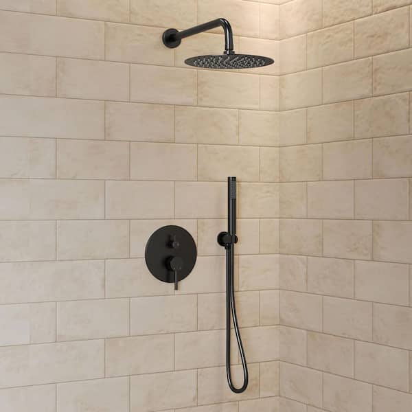 Pressure Balance Wall Mount 10 in. Round Double Handle 2-Spray Shower Faucet 2.5 GPM with Anti Scald in Matte Black