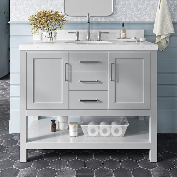 ARIEL Bayhill 42.25 in. W x 22 in. D x 36 in. H Single Sink Freestanding Bath Vanity in Grey with Man-Made Stone Top