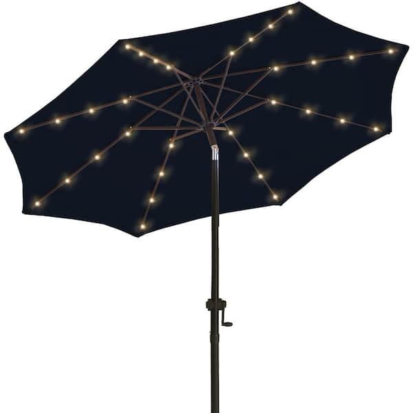 wikiwiki 11 ft. Solar LED Lighted Market Patio Umbrella with Crank and Tilt in Navy Blue