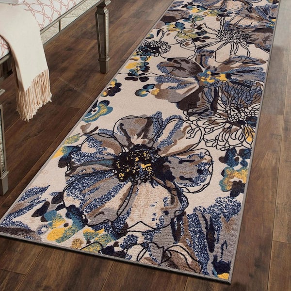 Contemporary Bright Flowers Non-Slip (Non-Skid) Cream 2 ft. 7 in. x 6 ft. Indoor Runner Rug